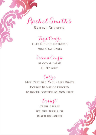 Pink Watercolor Damask Menu Cards